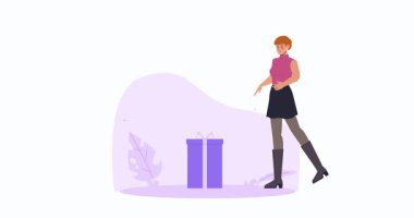 İnternetten alışveriş konsepti. Mutlu bir kadının hediye teklifi, indirim kuponu ya da büyük indirim kuponu aldığı afişi taşımak. E ticareti ve internetten alım satım. Düz grafik çizgi film