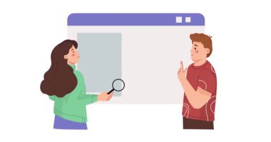 SEO uzmanı. Erkek ve kadın programcılarla birlikte arama algoritmalarını analiz eden ve web sitesi arama motorlarını optimize eden bir afiş. Modern dijital teknolojiler. Düz grafik çizgi film