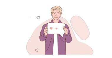 Sosyal medya aktivitesi. Elinde kalplerle konuşma balonu tutan mutlu, güler yüzlü bir adamla hareketli bir pankart. İnternette randevulaşma ve romantik iletişim. Düz grafik çizgi film