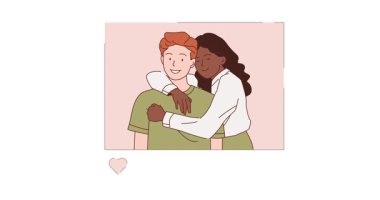 Sosyal medya aktivitesi. Sevimli kucaklaşan bir çiftin olduğu sosyal medya afişi. Aşk, Aşk ve İlişkiler. Çevrimiçi iletişim. Düz grafik çizgi film