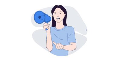 Sosyal medya aktivitesi. Hoparlörü elinde tutan ve bloguna yeni izleyiciler çeken mutlu kadın blogcu afişi. Pazarlama, Reklamcılık ve E Ticaret. Düz grafik çizgi film