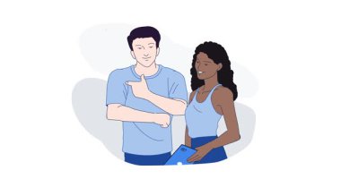 Sosyal medya aktivitesi. Gülümseyen erkek ve kadın arkadaşlarının internette yorum okuyup tepkilerini bıraktıkları afiş. Çevrimiçi iletişim. Düz grafik çizgi film