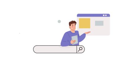 SEO uzmanı. Düşünceli bir adam ve kadının elinde büyüteç tutarak arama motorlarını optimize ettiği bir pankart. İnternetten bilgi aranıyor. Düz grafik çizgi film