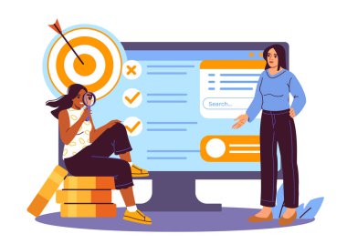 Kontrol listeleri ve arama araçlarıyla büyük ekranda veri analiz eden iki kadın, beyaz arka planda düz grafik tarzı. Proje planlama ve strateji kavramı. Vektör illüstrasyonu
