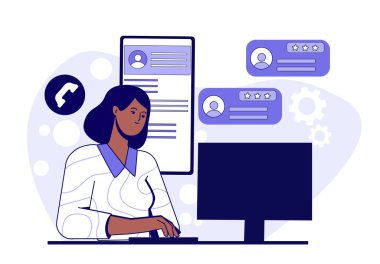 Bilgisayarda çalışan kadın kullanıcı geribildirimi, çağrı simgesi ve arka plandaki ayarlar, beyaz ve mor arkaplanda modern düz stil. Vektör illüstrasyonu