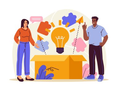 İki kişi, renkli soyut şekiller ve beyaz arka planda kağıt uçaklar gibi parlayan bir ampulle yaratıcı fikirleri tartışıyor. Yenilik kavramı. Vektör illüstrasyonu