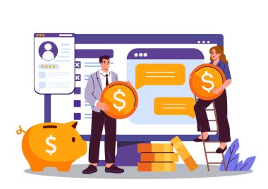 İş adamı ve iş kadını bilgisayar ekranının yanında bozuk para tutuyorlar. Sohbet mesajları, kumbara ve beyaz arka planda para yığını var. Vektör illüstrasyonu