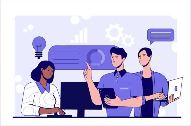 Bir grup ofis çalışanı verileri modern grafik tarzında analiz ediyor, simgelerle birlikte soyut bir arkaplan üzerinde, takım çalışmasını ve yeniliği sembolize ediyor. Vektör illüstrasyonu