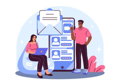 İki kişi dev bir akıllı telefon ekranında mesajlaşma uygulaması ile etkileşimde, düz stil, soyut ışık arkaplan, dijital iletişim kavramı. Vektör illüstrasyonu