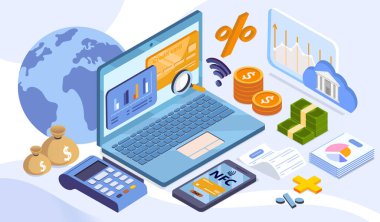 Dizüstü bilgisayarlı, kredi kartlı, bozuk paralı, faturalı, NFC telefonlu ve ışık arkaplanlı modern izometrik grafikli mali yönetim sahnesi. Dijital bankacılık kavramı. Vektör illüstrasyonu