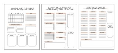 Minimalist aylık, haftalık ve yıllık planlama şablonları yapılacaklar listeleri, hedef bölümleri ve temiz beyaz bir arkaplan üzerine notlar. Zaman yönetimi kavramı. Vektör illüstrasyonu