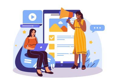 İki kadın bilgisayar ve megafonla dijital pazarlamada işbirliği yapıyor, düz grafik tarzda, beyaz arkaplanda. Çevrimiçi tanıtım kavramı. Vektör illüstrasyonu