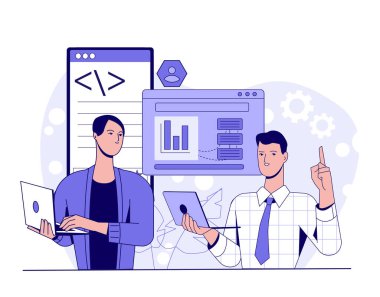 Soyut teknoloji arka planında düz grafik şeklinde gösterilen dizüstü bilgisayarlar ve tabletler kullanarak kodlamayı ve veri analizini tartışan iki profesyonel. Takım çalışması kavramı. Vektör illüstrasyonu