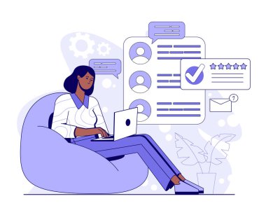 Dijital arayüz simgeleriyle çevrili bir dizüstü bilgisayarla fasulye çuvalının üzerinde oturan kadın, yumuşak arka planlı düz stil, uzaktan çalışma verimliliği kavramı. Vektör illüstrasyonu