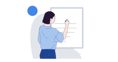 İş eğitimi. Kadın tüccar veya girişimci planlama işleri ve yatırım stratejisi ile afiş taşımak. İş koçluğu ve akıl hocalığı. Düz grafik çizgi film