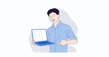 Ağ güvenliği. Erkek programcıyla birlikte internet siber güvenlik yazılımıyla dizüstü bilgisayarı işaret eden bir afiş. Kimlik doğrulama ve yetkilendirme. Düz grafik çizgi film