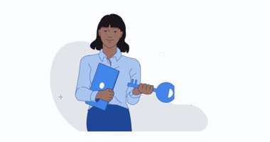 Bulut hesaplama. Elinde bulut deposunun, sunucunun ya da veri tabanının anahtarı olan gülümseyen bir kadının afişi. Güvenli depolama, kullanım ve bilgi aktarımı. Düz grafik çizgi film