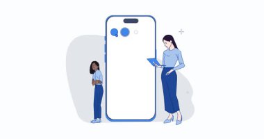 Çalıştırma Başlatılması Konsepti. Yaratıcı bir iş fikri üreten ve sosyal medya tanıtım stratejisi geliştiren kadın girişimcilerle dolu afişler. Düz grafik çizgi film