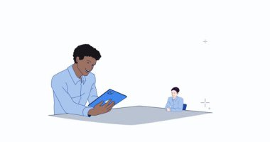 Çalıştırma Başlatılması Konsepti. Ticari kalkınma ve büyüme için mali istatistikleri, grafikleri ve grafikleri analiz eden bir grup girişimci veya meslektaşla birlikte afişin taşınması. Düz grafik çizgi film