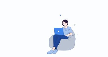 Çalıştırma Başlatılması Konsepti. Yeni iş kurma konusunda yaratıcı bir fikirle gelen kadın girişimci afişi. Dizüstü bilgisayarda çalışan bir karakter. Düz grafik çizgi film