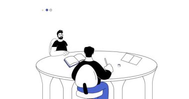 Toplum toplantısı. Bir grup öğrenci ya da arkadaşla birlikte yuvarlak masada oturup, iletişim kurarak, yeni yaratıcı fikirleri tartışarak ve proje üzerinde çalışarak afiş taşıyarak. Düz grafik çizgi film