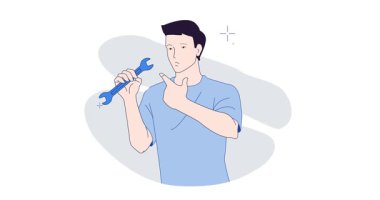 Pazarlama ve İş Büyümesi. Başarı ve finansal kalkınma elde etmek için iş süreçleri kuran erkek girişimci pankartının taşınması. Düz grafik çizgi film