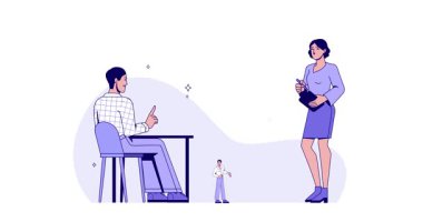 İş ekibi çalışması. Konferansta ya da iş toplantısında iletişim kuran ve projeyi tartışan bir grup meslektaşla afiş taşımak. Ortaklık ve işbirliği. Düz grafik çizgi film