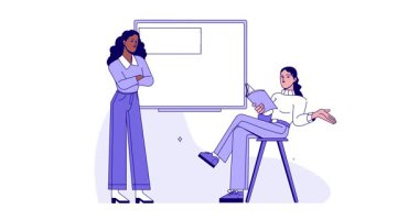 İş ekibi çalışması. Verileri analiz eden ve yeni proje ya da girişim için fikirleri tartışan kadın girişimcilerle afiş taşımak. İşbirliği ve ortaklık. Düz grafik çizgi film