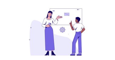 İş ekibi çalışması. İş toplantısında ya da konferansta projeyi tartışan bir grup ofis çalışanı ya da meslektaşla afiş taşımak. İşbirliği ve ortaklık. Düz grafik çizgi film