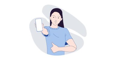 E ticaret ve satış. Mutlu, gülümseyen bir kadının elinde satış ilanıyla afiş taşıması ve baş parmağını kaldırması. İnternetten alışveriş. Düz grafik çizgi film