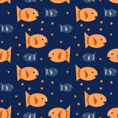 Koyu arka plan üzerinde turuncu ve mavi balık ile dikişsiz desen. Vektör çizimi.