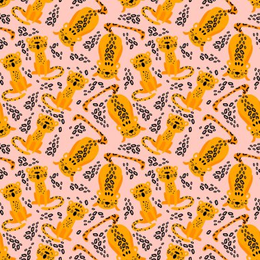 Sevimli leoparlar ve lekeler ile dikişsiz desen. 