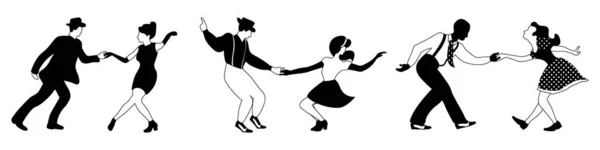 Três pares de dança swing silhuetas preto e branco sobre fundo branco — Vetor de Stock