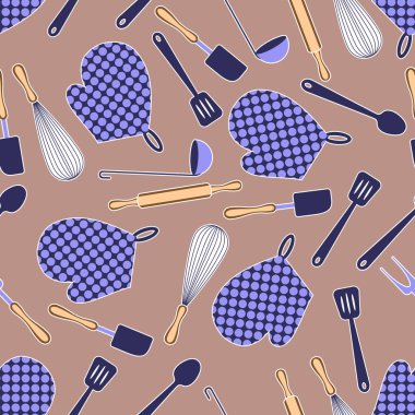 Açık kahverengi bir arka plan üzerinde mutfak malzemeleri dikişsiz desen