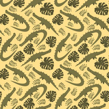 Timsahlar ve yaprakları ile dikişsiz desen