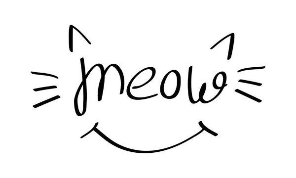 Meow lettering with cat whiskers, ears and smile — Stock Vector