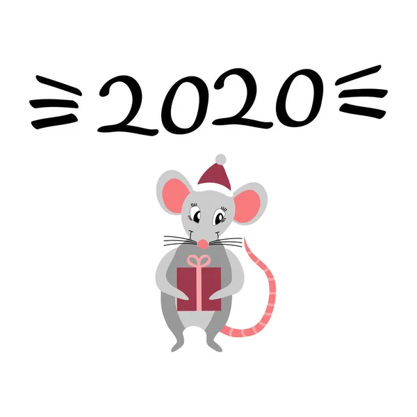 Cute rat with New Year present and lettering — Stock Vector