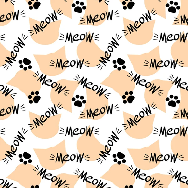Seamless pattern with meow lettering and cat head — Stock Vector