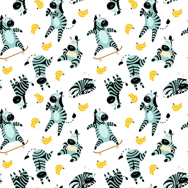 Zökkenőmentes mintázat aranyos zebrák és banánok — Stock Vector