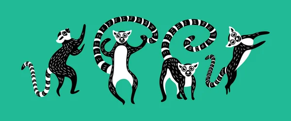 Set of black and white lemurs on green background — Stock Vector