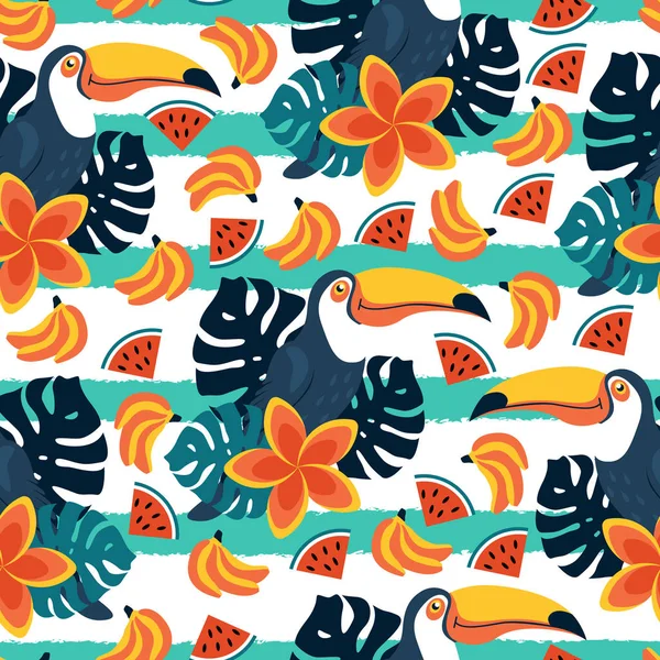 Modèle sans couture avec toucans mignons et fruits — Image vectorielle