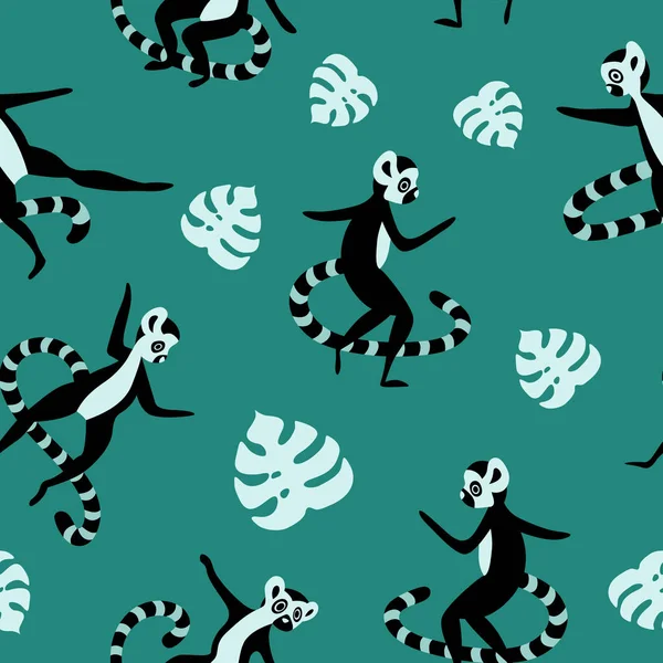 Yeşil arka planda lemurları ve yaprakları olan desen