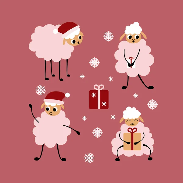 Vánoční sada kreslených ovcí — Stockový vektor