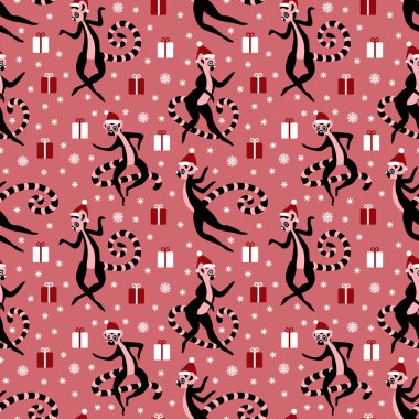 Cristmas pattern with lemurs on pink background clipart