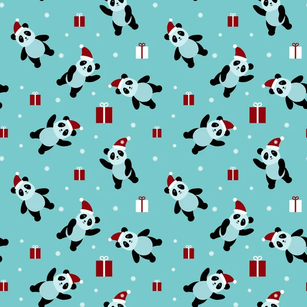 Julen sömlös mönster med roliga panda björnar — Stock vektor