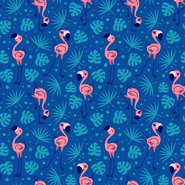 Modèle avec dessin animé mignon flamant rose et feuilles de palmier — Image vectorielle