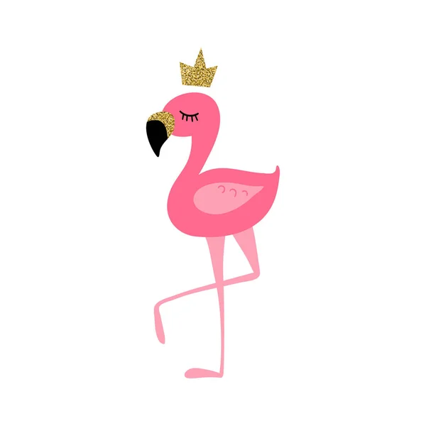 Cute flamingo with golden glitter beak and crown — Stock Vector