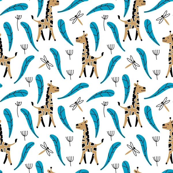 Seamless pattern with cute cartoon giraffes — Stock Vector