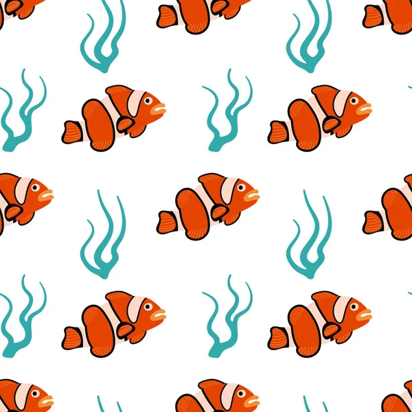 Clownfish avec motif sans couture algues — Image vectorielle