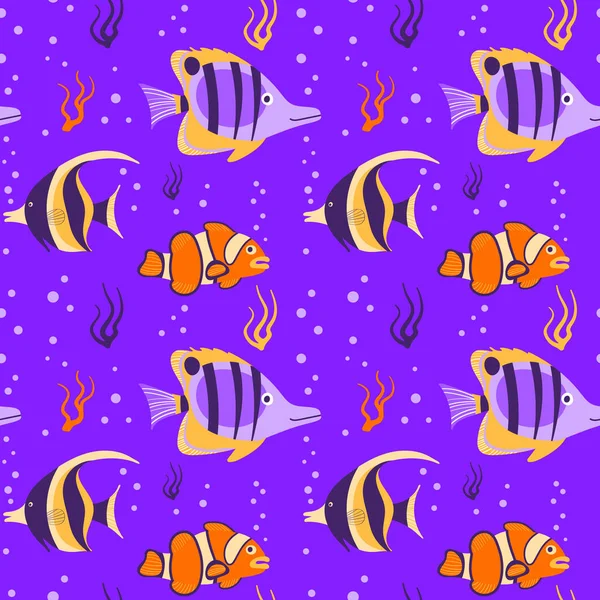 Deniz yosunu desenli tropikal balıklar — Stok Vektör